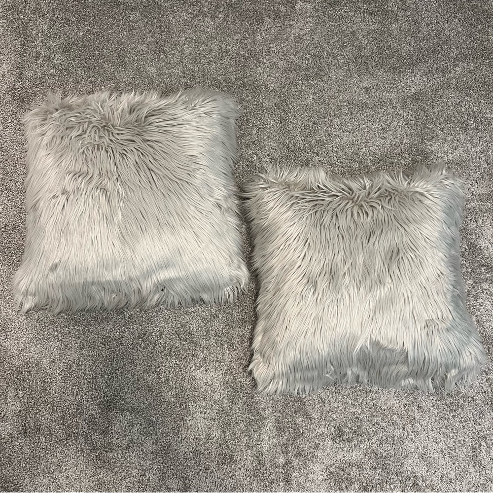 Gray Faux Fur Accent Pillows x 2